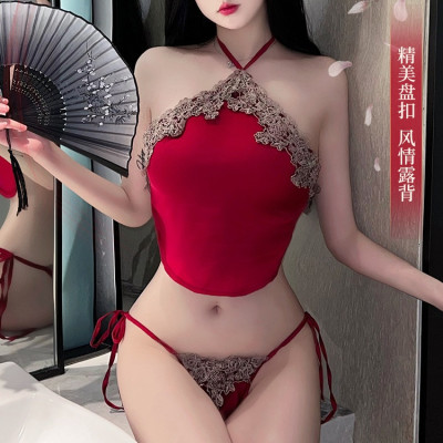 Đồ Ngủ Cổ Yếm Kiểu Trung Hoa Lụa Satin Đỏ,Set Nội Y Quần Cột Dây + Áo Lụa Cổ Tàu Gợi Cảm,Yếm Lụa Sexy Phối Ren Hoa Vintage, Set Yếm Ren Lụa Đỏ Đô Gợi Cảm ,Bộ Nội Y Sexy Gợi Cảm Viền Ren Hoa C018