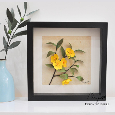 Tranh Hoa Giấy Handmade Trang Trí - Hoa Mai Kết Hợp Giấy Dó MAYPAPERFLOWER Khung Tranh Gỗ Size 25x25cm
