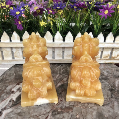 Cặp Tỳ Hưu phong thủy đá ngọc hoàng long có đế - Dài 13 cm