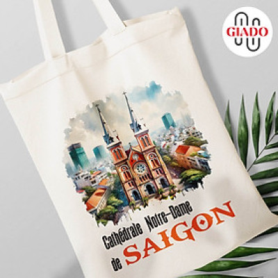 Túi canvas GIADO, túi vải bố, túi tote mẫu Sài Gòn nhà thờ đức Bà Cathédrale Notre-Dame