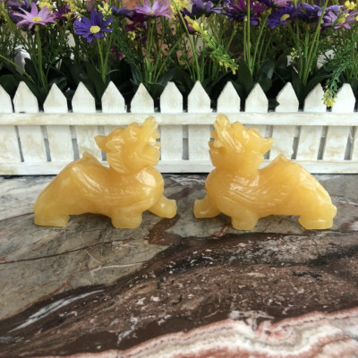 Cặp Tỳ Hưu phong thủy đá thạch anh vàng - Dài 10 cm