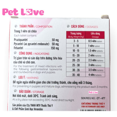 Vime Deworm tẩy giun sán cho chó (Vemedim, hộp 10 viên)