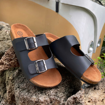 Dép Đế Trấu Quai Ngang Nam 2 Khóa The BiLy Da PU Đen - BL01T