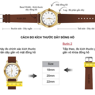 Dây Da Đồng Hồ Nam, 100% Da Bò Thật, Kiểu Dáng Vintage Phẳng Mỏng, Mặt Lót Chống Thấm Mồ Hôi, Tích Hợp Lớp Gia Cố Chống Giãn Đặc Biệt, Phụ Kiện Khóa và Chốt Bằng Thép Không Gỉ 316L - Thương Hiệu SAIGIO