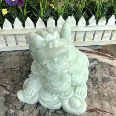 Tượng Long Quy ( Rùa đầu Rồng ) cõng gậy như ý phong thủy đá cẩm thạch trắng xanh - Dài 15 cm