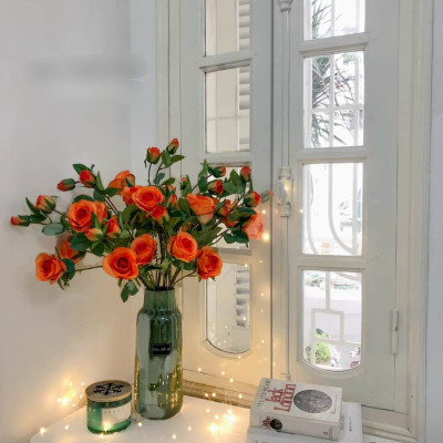 Hoa lụa, cành hoa hồng quý tộc Island 2 bông kèm nụ decor phòng khách, trang trí nhà hàng, spa cao cấp AZ-40