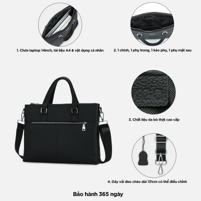 Túi xách công sở nam nữ đựng laptop 14 inch IDIGO MB1 - 16000, túi đựng tài liệu A4 da thật cao cấp