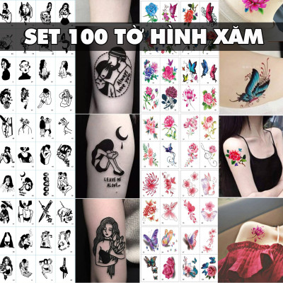 Set 100 tờ hình xăm dán tạm thời hoa hồng cá voi cá heo cô gái thời trang unisex Legaxi