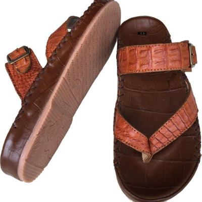 Dép nam xỏ ngón da cá sấu thật  quai ngang xỏ ngón vàng TRƯỜNG HẢI  phong cách thời trang may viền chắc chắn đế kếp mềm không trơnDN0780 