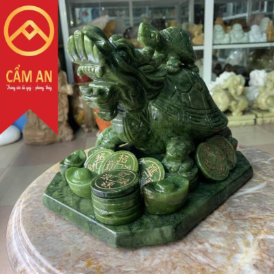 Tượng Long Quy ( Rùa đầu rồng ) cõng con phong thủy đá ngọc Serpentine Ấn độ - Dài 22 cm