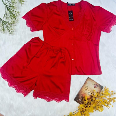 Đồ bộ pijama lụa, đồ mặc nhà nữ VILADY - B126 kiệu quần đủi tay cộc họa tiết trơn phối ren sexy quyến rũ, chất liệu lụa Pháp ( lụa latin) cao cấp - Màu đỏ