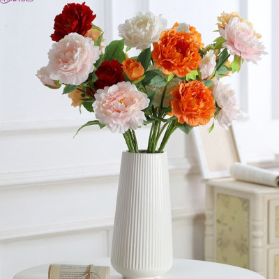 Hoa lụa cao cấp, hoa mẫu đơn giả 2 bông 1 nụ sang trọng trang trí phòng khách, tiền sảnh