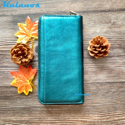 Bóp Ví nữ cầm tay da bò cao cấp & sang trọng Kalanos KBNU410-Xanh, Ví dài nữ rẻ đẹp da bò có khóa kéo
