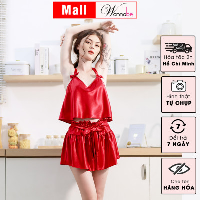 Đồ bộ mặc nhà WANNABE BSS37 đồ bộ quần sọt áo hai dây bản to trang trí nơ xinh xắn mang lại vẻ dễ thương cho bạn gái