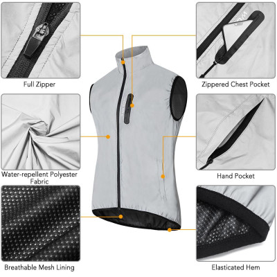 Áo khoác chống thấm nước, có phản quang, không có tay, đi xe đạp, chạy bộ, polyester chất lượng cao, chống gió