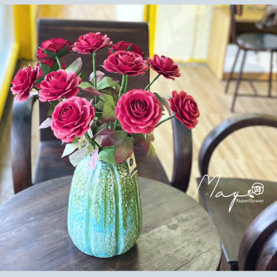 Hoa giấy trang trí cao cấp, Hoa hồng cành lớn handmade Maypaperflower - hoa giấy nghệ thuật, hoa cắm bình, decor nhà ở