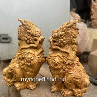 Cặp nghê giữ nhà phong thủy cầu tài lộc bằng gỗ bách xanh thơm nức kt cao 20cm 