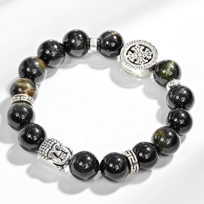 Vòng tay thạch anh mắt hổ xanh đen phối charm phật bạc (10mm) Ngọc Quý Gemstones