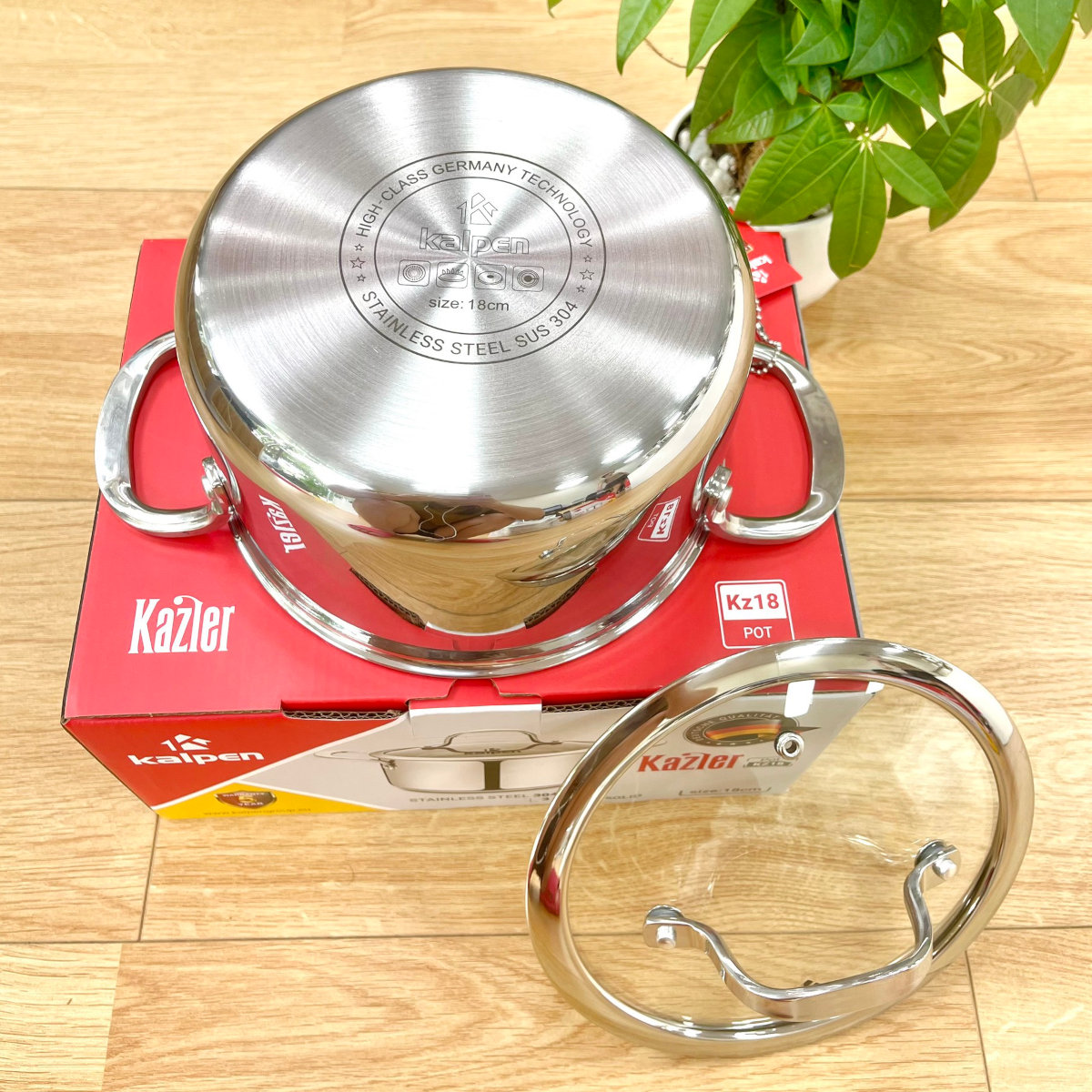 Nồi Inox 304 thân đáy đúc liền 3 lớp Kalpen Kazler 24cm dung tích 6.5L, đáy từ, vung kính chuẩn Đức - Hàng chính hãng