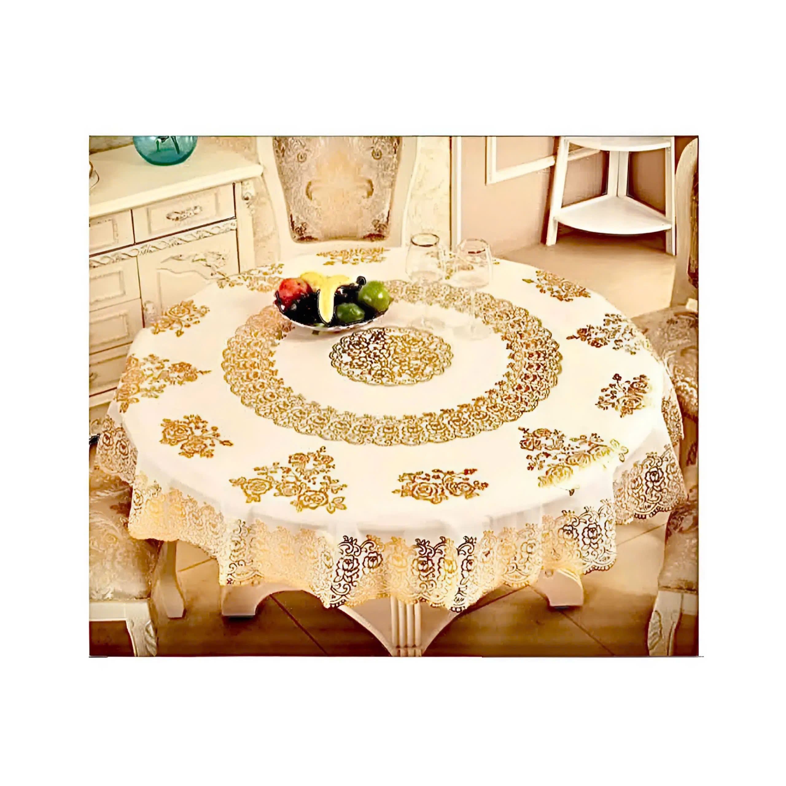 (Tặng 1 lót phần ăn 30x45 cm) Khăn Trải Bàn WLG.751 tròn, đường kính 180 cm, hoa văn phủ nhũ vàng, nhựa PVC dẻo, không thấm nước