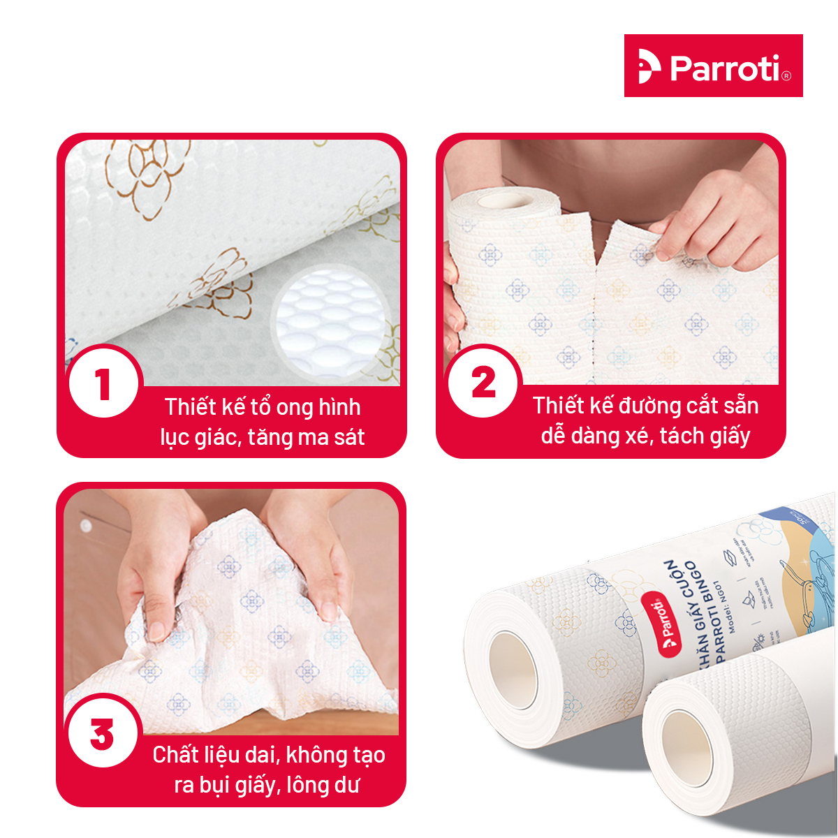 Khăn giấy cuộn đa năng, lau bếp, lau kính, chén bát, lau tay (50 khăn/cuộn, 25cm x25cm) - Parroti Bingo NG01