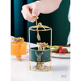 Hũ thủy tinh kèm nĩa xanh ngọc bích | SET 6 Nĩa HOÀNG KIM KÈM HŨ THỦY TINH XANH CAO CẤP 2022 KHUNG KIM LOẠI