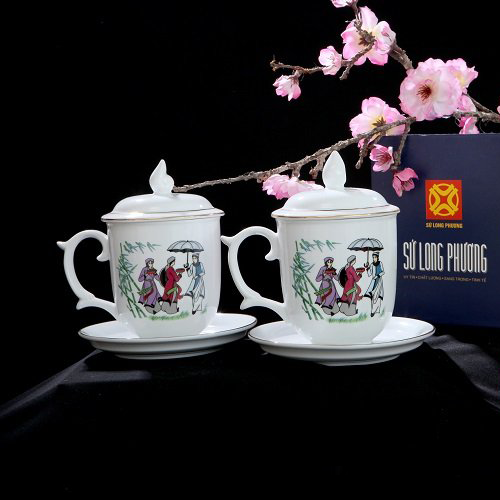 Bộ ca 10.5 quan họ (ca có nắp có kê) Cốc uống nước sứ Long Phương