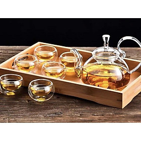 Bộ ấm trà thủy tinh tay vồng kèm khay 600ml