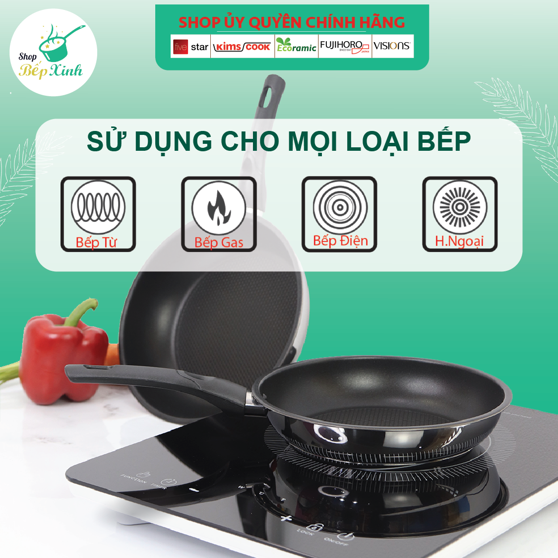 Chảo inox chống dính có nắp kính Fivestar Standard 3 đáy bếp từ tặng 5 muỗng ( 22cm / 24cm / 26cm / 28cm )