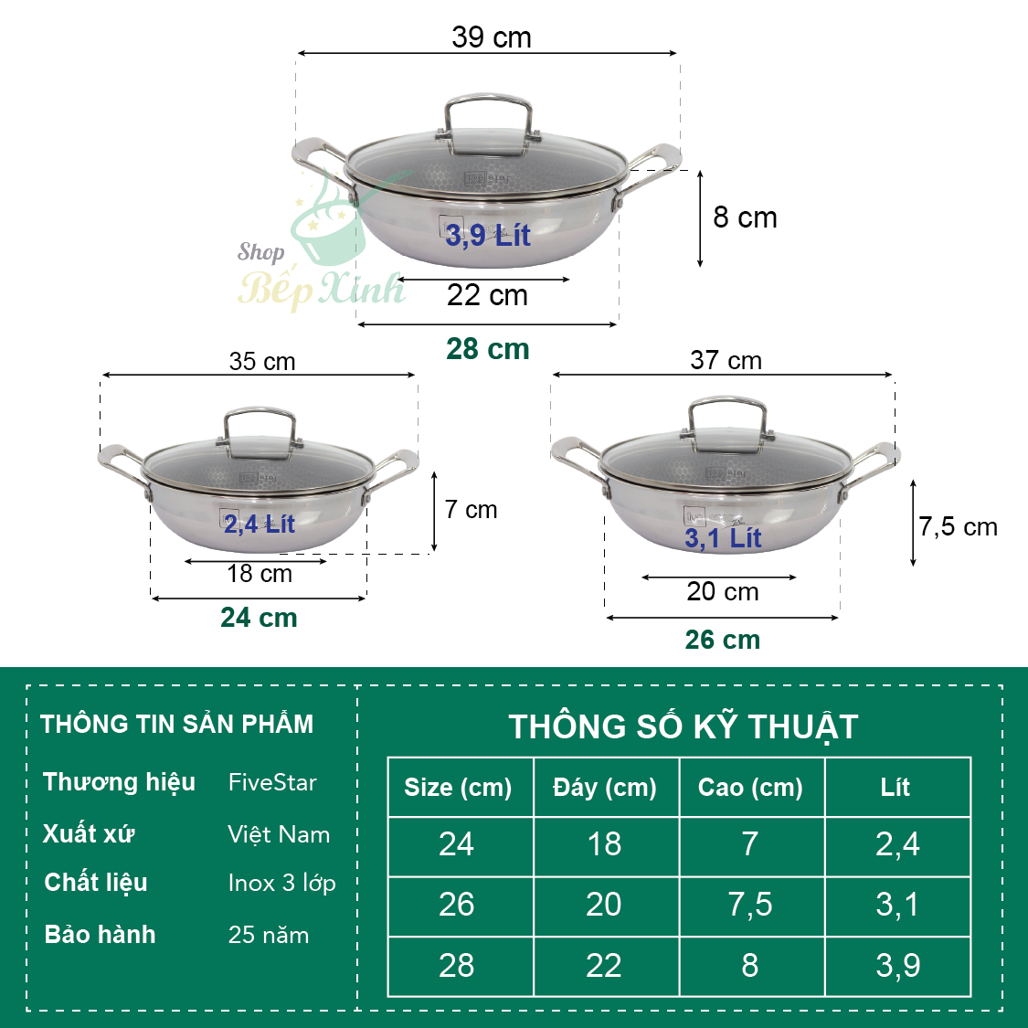 Chảo tổ ong chống dính 2 quai FiveStar 3 lớp đáy liền inox 304 ( 24cm / 26cm /28cm ), tặng 1 sạn inox