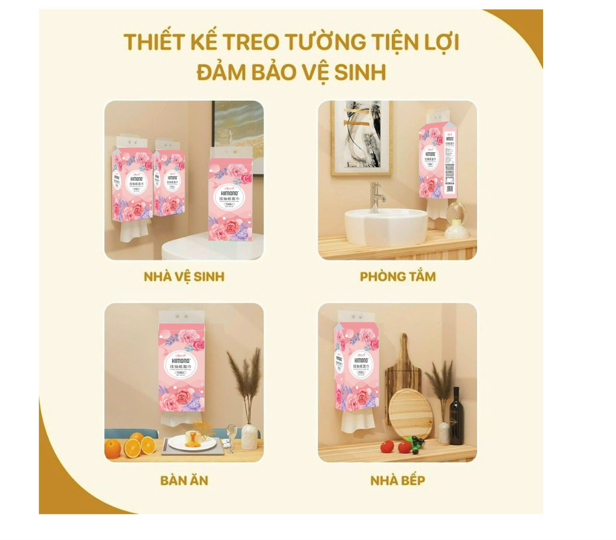 COMBO 10 bịch giấy treo tường đa năng KIMONO hoa hồng 4 lớp dạng rút 1100 tờ tặng kèm 2 móc treo đôi
