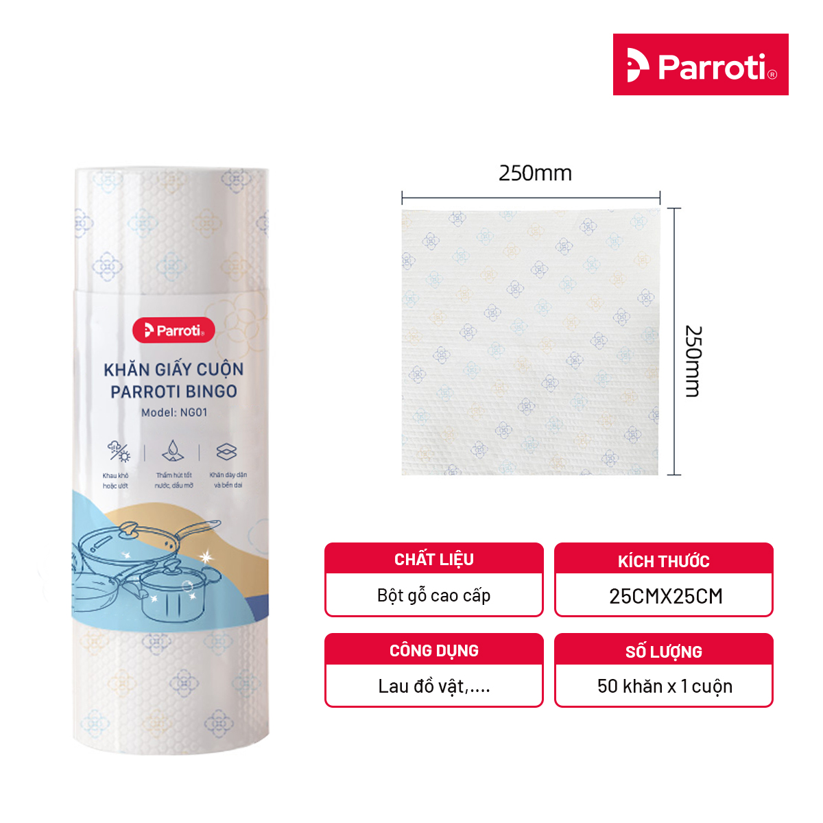 Khăn giấy cuộn đa năng, lau bếp, lau kính, chén bát, lau tay (50 khăn/cuộn, 25cm x25cm) - Parroti Bingo NG01