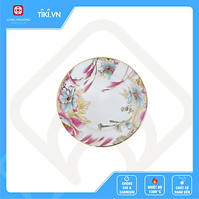 Đĩa bằng sứ Long Phương họa tiết bông lau hồng mạ viền vàng