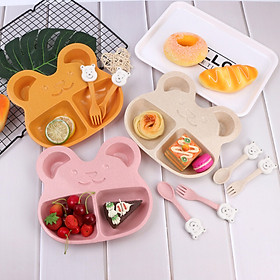 Bộ Khay Ăn Dặm Cho Bé 2 Ngăn Hình Gấu (kèm Muỗng, Nĩa) - hàng cao cấp