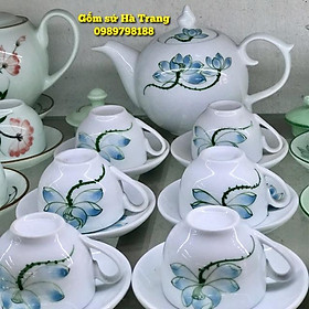 Ấm chén Bát Tràng cao cấp  Ấm chóp lửa hoạ tiết sen xanh