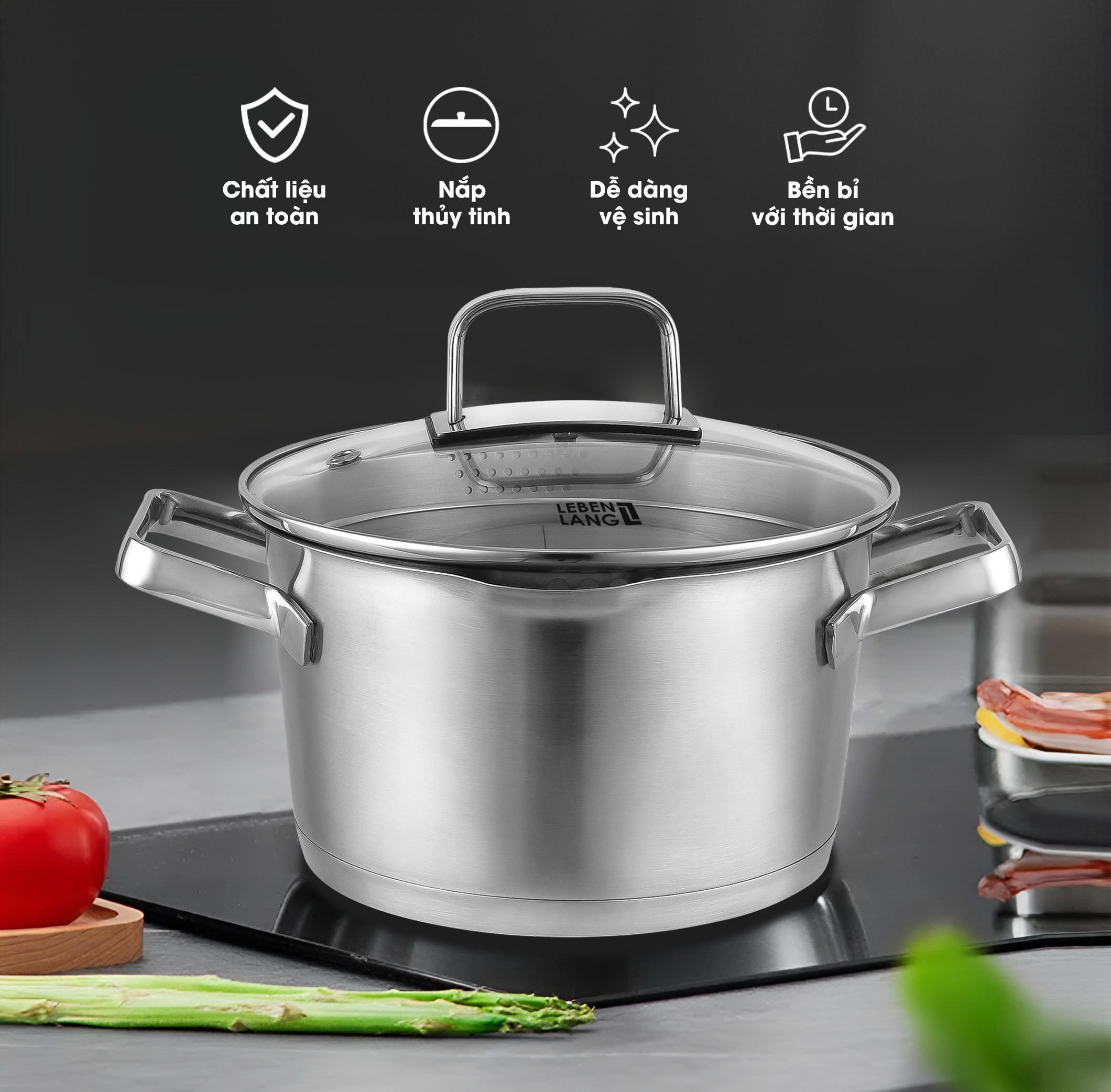 Nồi inox 304 vung kính đáy 3 lớp Lebenlang LBL2529, size 20 có khe chắt nước, dùng cho mọi loại bếp - hàng chính hãng