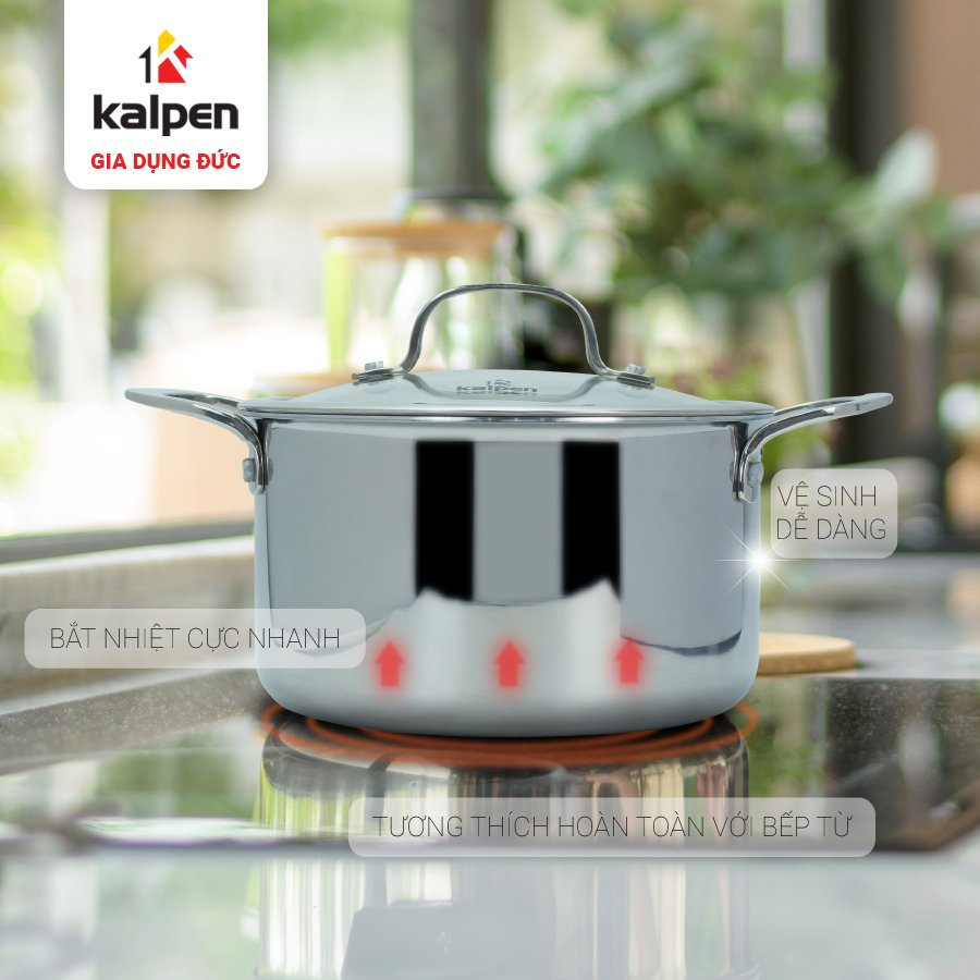 Nồi Inox 304 thân đáy đúc liền 3 lớp Kalpen Kazler 24cm dung tích 6.5L, đáy từ, vung kính chuẩn Đức - Hàng chính hãng