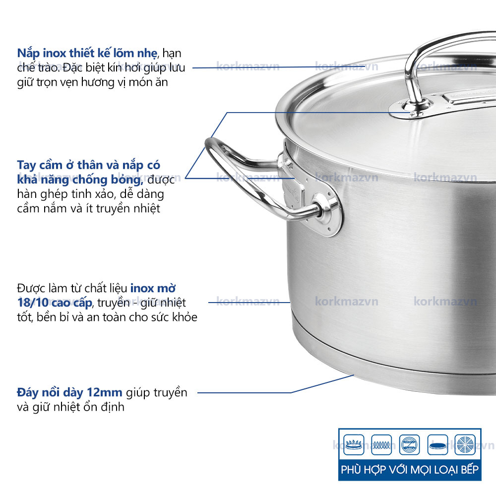 Nồi inox 18/10 thân cao Korkmaz Proline 9 lít - 24x20 cm