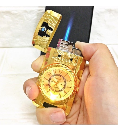 Vỏ Hột Quẹt Bật Lửa Gas Khò Kiêm Đồng Hồ Đèn Led 7 Màu Hình Nổi Độc Lạ Màu Vàng - Dùng Gas Cao Cấp