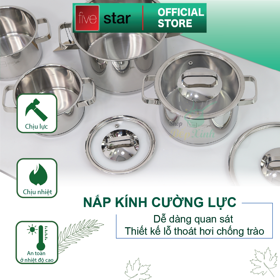 Bộ nồi 3 đáy inox 304 FiveStar Plus bếp từ 4 chiếc nắp kính ( nồi 16cm x nồi 18cm x 1 nồi 20cm x 1 nồi 24cm) , tặng 10 muỗng ăn