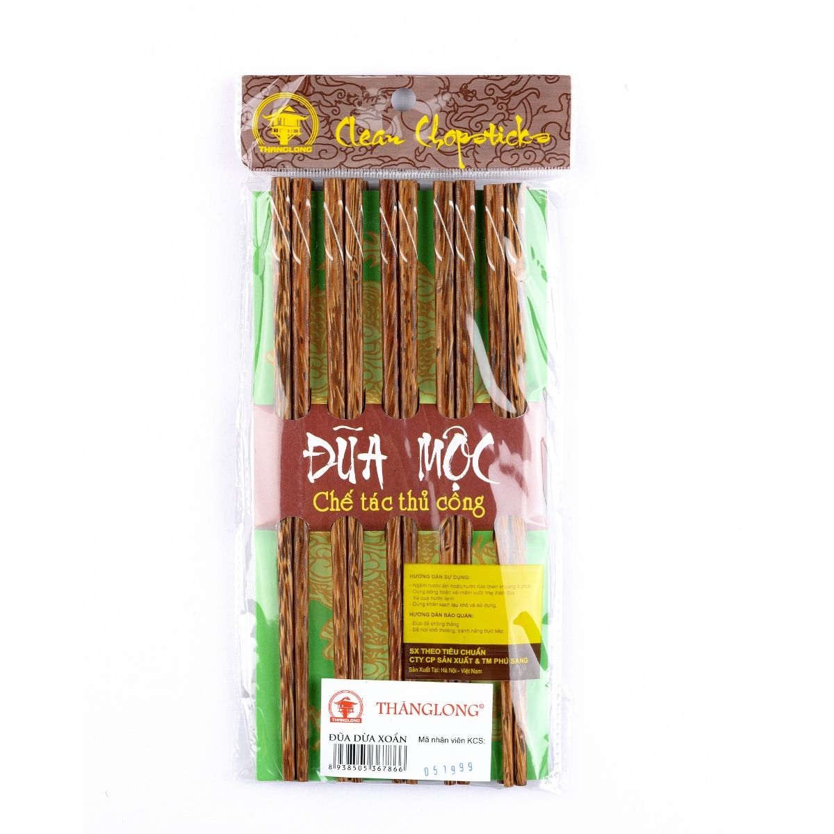 Vỉ 10 đôi đũa Dừa đá xoắn PHUSANG được làm từ gỗ tự nhiên không chất bảo quản dùng trong nhà hàng khách sạn và bàn ăn