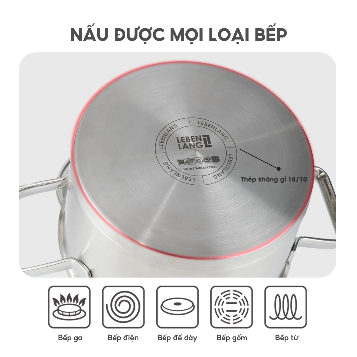Nồi inox 304 vung kính đáy 3 lớp Lebenlang LBL2529, size 20 có khe chắt nước, dùng cho mọi loại bếp - hàng chính hãng