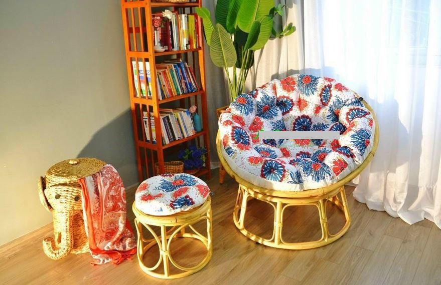 Ghế mặt trăng Papasan mây thật cao cấp Juno Sofa size 1m, Nệm hoa văn Indochine