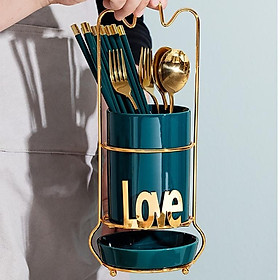 Ống đựng đũa chất liệu sứ khung hợp kim cao cấp | HŨ SỨ CÓ KHAY HỨNG NƯỚC ĐỰNG ĐŨA KHUNG INOX TẠO HÌNH LOVE YOU