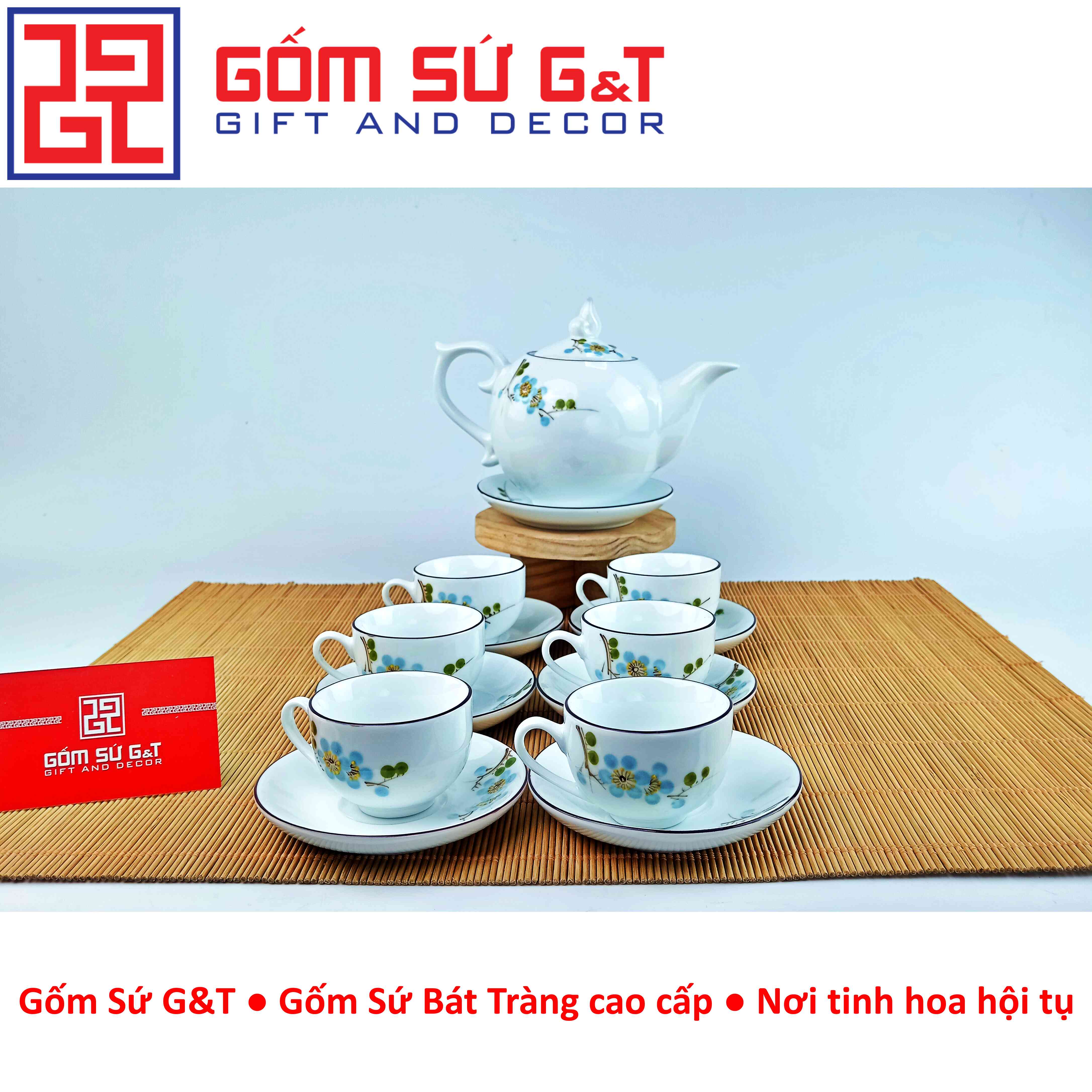 Bộ trà chóp lửa vẽ hoa đào xanh Gốm sứ G&T