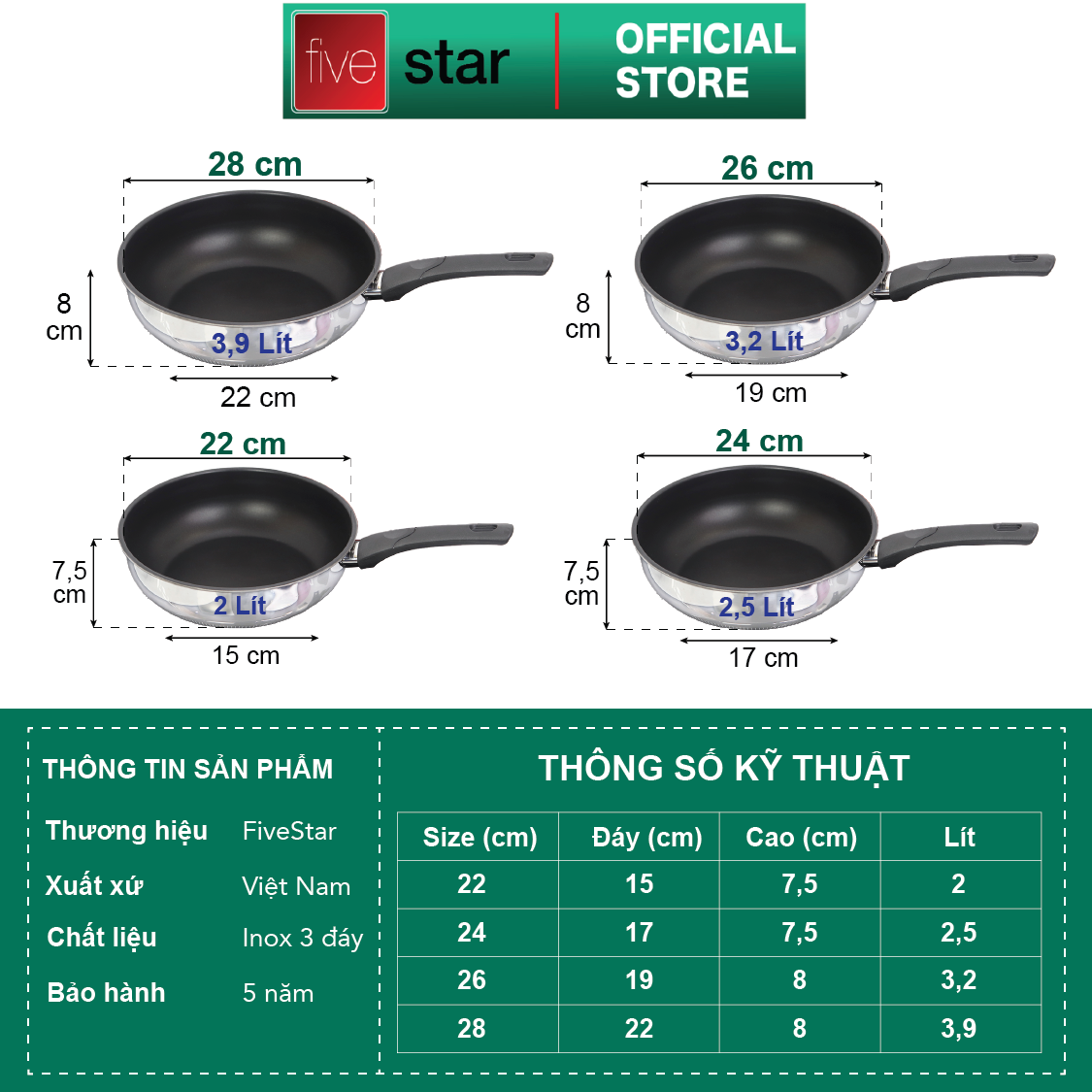 Chảo đáy từ chống dính sâu lòng cao cấp Fivestar inox 430 , tặng 5 muỗng ăn