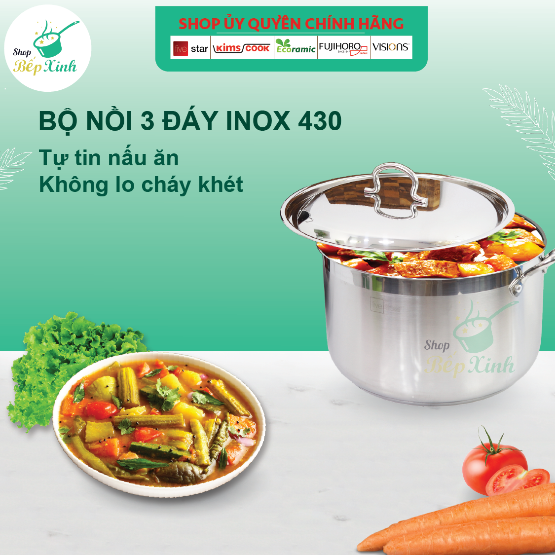 Bộ xửng hấp 3 đáy từ inox 430 Fivestar standard nắp inox 32cm ( tặng 2 muỗng canh )