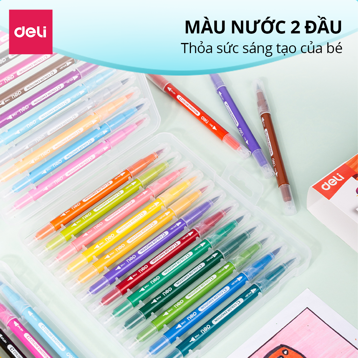 Bút Dạ Nước Hai Đầu Deli - Bút Đánh Dấu Hai Đầu Brush Và Nét Nhỏ - Bút Highlighter Có Thể Giặt Được