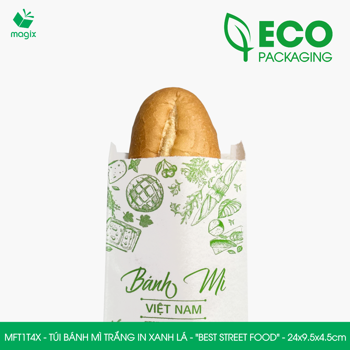 MFT1T4X - 24x9.5x4.5 cm - 100 Túi bánh mì Trắng, in sẵn họa tiết BEST STREET FOOD - Bao bánh mì Túi giấy thực phẩm an toàn