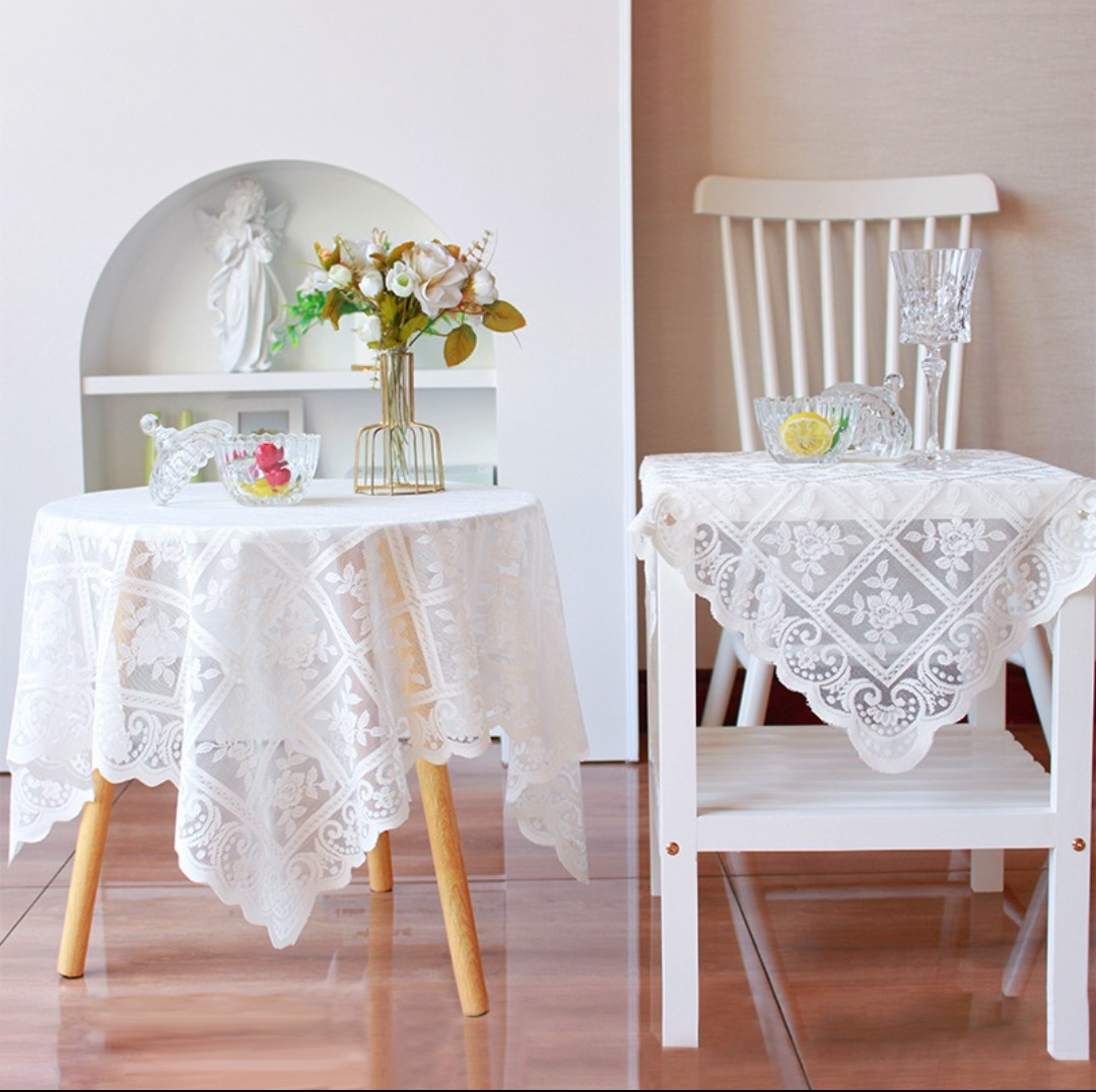 Khăn trải bàn vải ren trắng in hoa văn dập nổi phong cách Pháp tuyệt đẹp sang trọng trải bàn tròn, bàn chữ nhật, bàn vuông decor phòng khách, phòng ngủ, phông nền chụp ảnh KB-03